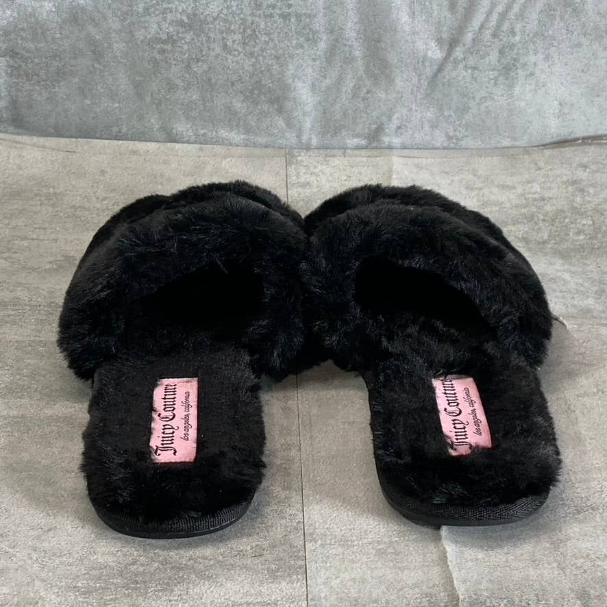 JUICY COUTURE Women's Black Faux-Fur Gwenno Crown Memory Foam Slide Slippers SZ7