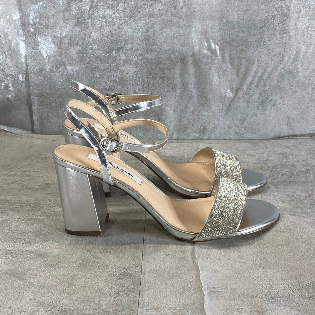 NINA Women's Silver Metallic Haven Block-Heel Ankle-Strap Evening Sandals SZ 7.5