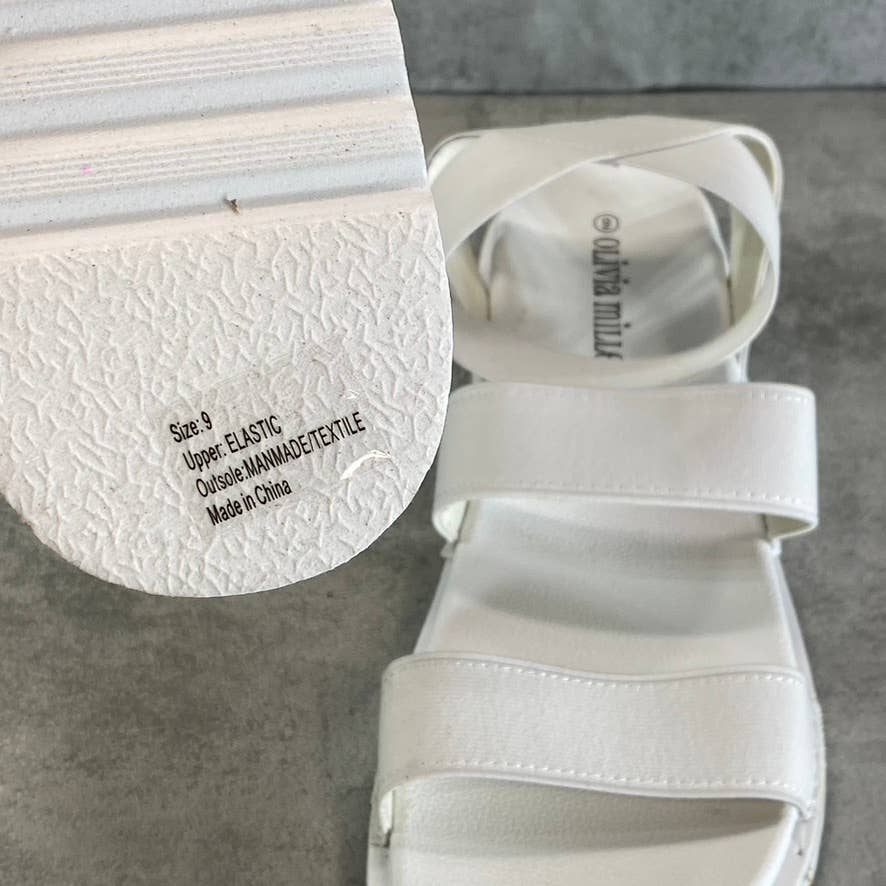 OLIVIA MILLER Women's White Nicola Stretchy Ankle Strap Slide Flat Sandals SZ 9