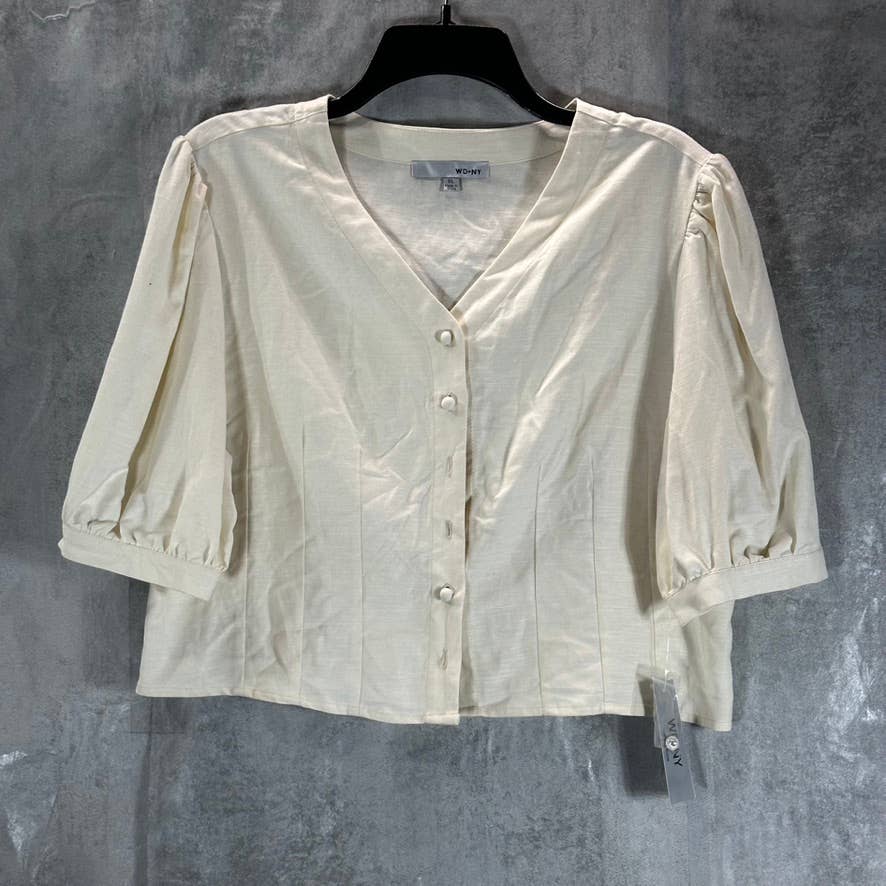 WD.NY Women's Cream V-Neck Button-Down Puff Elbow-Sleeve Top SZ XL