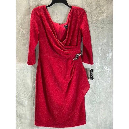 SLNY Women's Red V-Neck 3/4 Sleeve Brooch Ruching Waist Mini Dress SZ 6