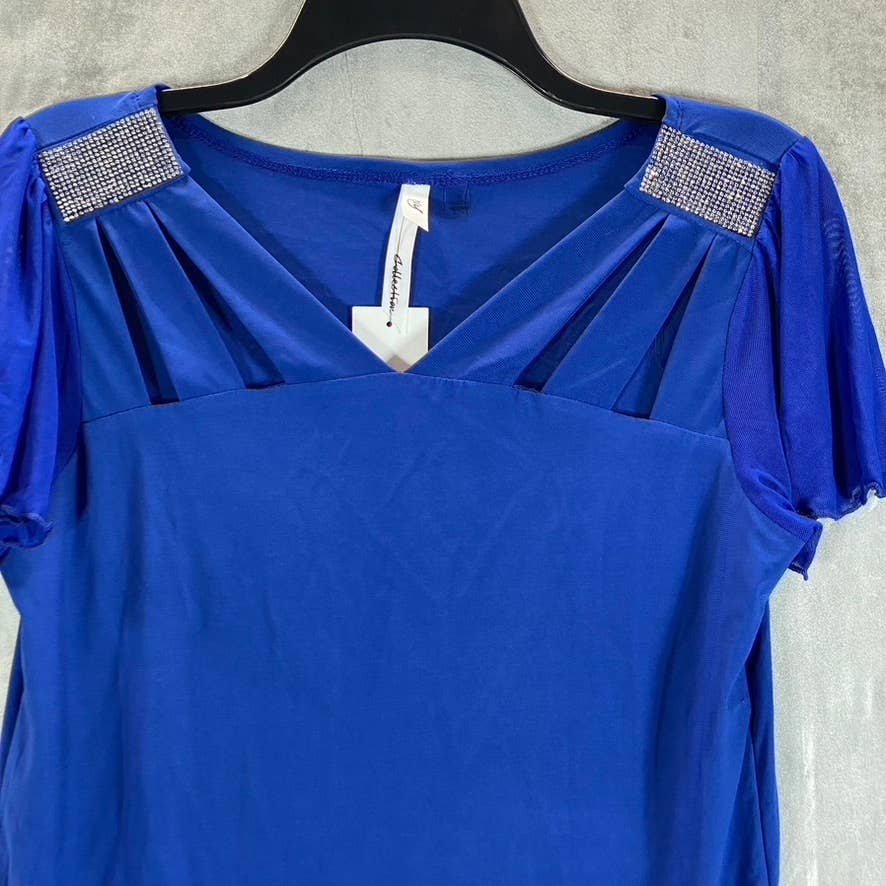 NY COLLECTION Women's Surf The Web V-Neck Cutout Rhinestone Flutter Sleeve Top