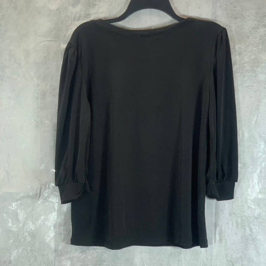 NY COLLECTION Women's Black Rhinestone Scoop-Neck Elbow Sleeve Crepe Top SZ L