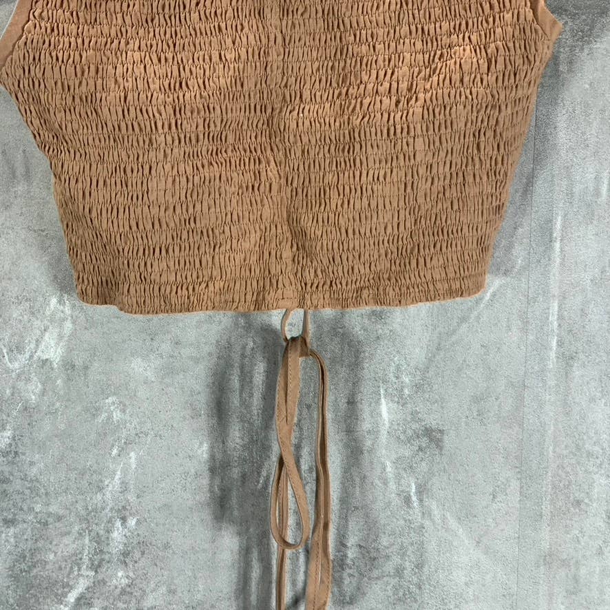 AND NOW THIS Women's Almond Crewneck Sleeveless Tie-Waist Smocked Back Top SZ M