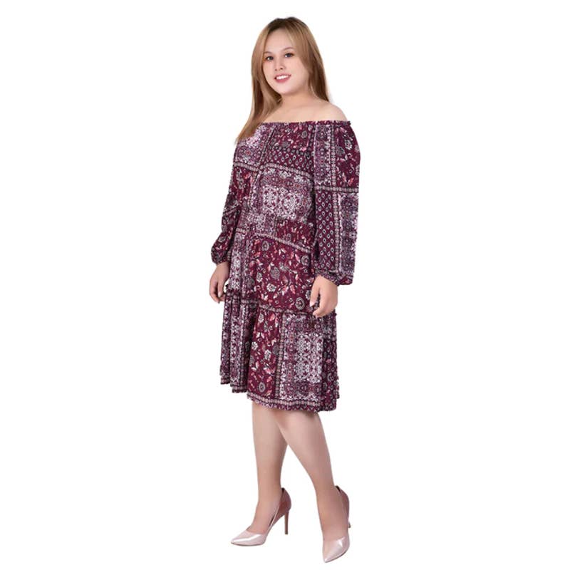 NY COLLECTION Women's Moroccan Red Printed Off-The-Shoulder Crepon Dress SZ M