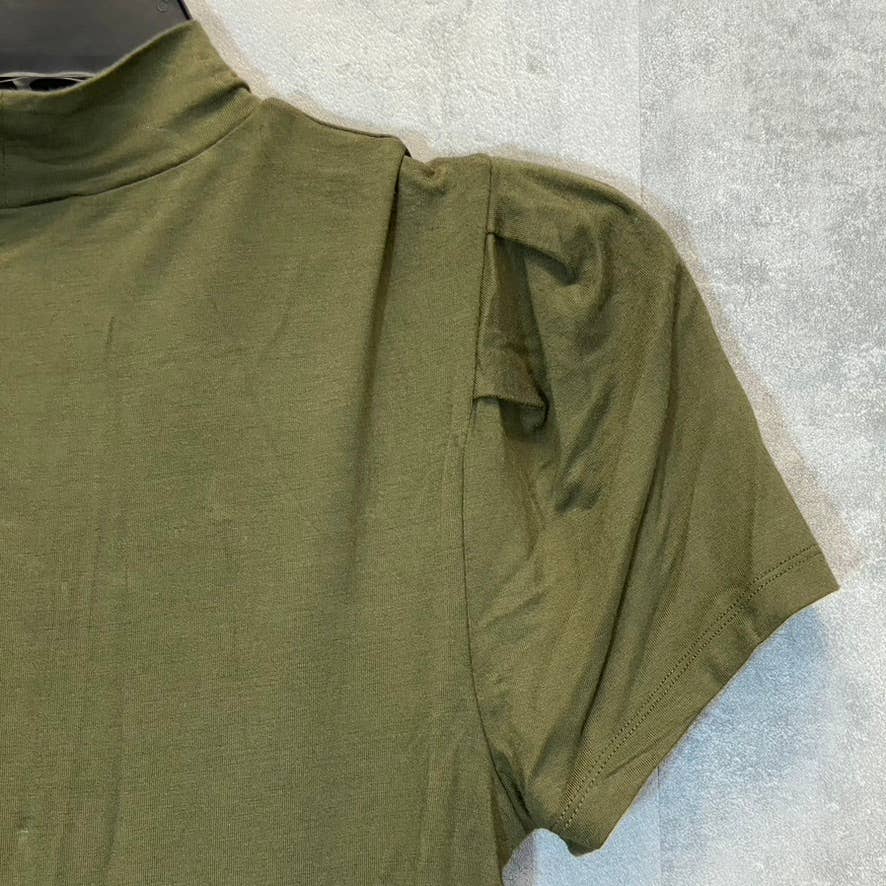 RDI Women's Olive Mock Neck Puff Short Sleeve Tie Waist Fit & Flare Mini Dress SZ S