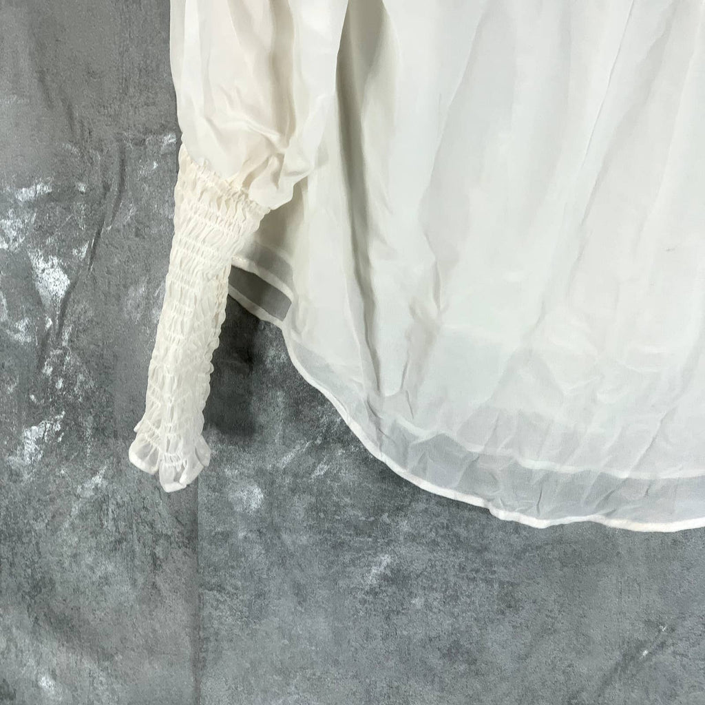 1.STATE Women's Soft Ecru Sheer Smocked Tie V-Neck Long-Sleeve Top SZ S