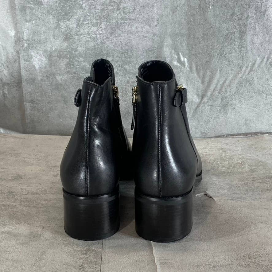 COLE HAAN Women's Black Leather Haidyn Block-Heel V-Cut Buckle Ankle Boots SZ 10