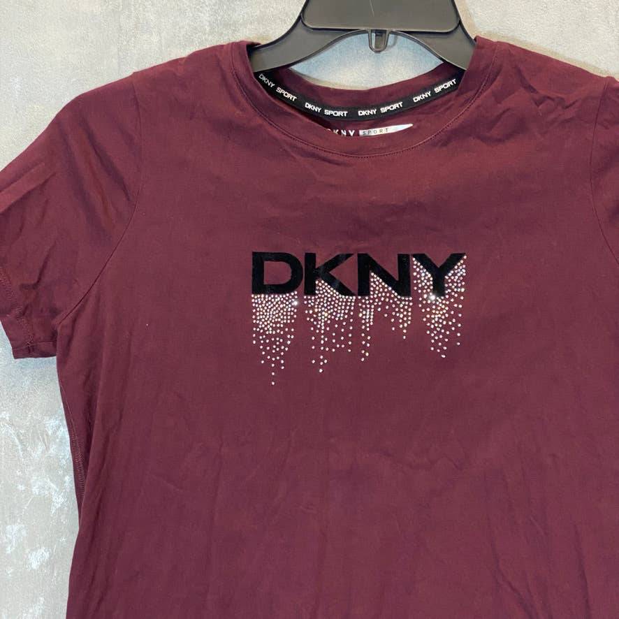 DKNY Sport Women's Burgundy Rhinestone Embellished Logo Crewneck Short Sleeve T-Shirt SZ XS