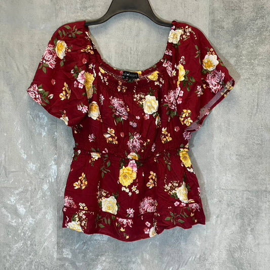 DEREK HEART Women's Biking Red Floral Smocked Peplum Top SZ M