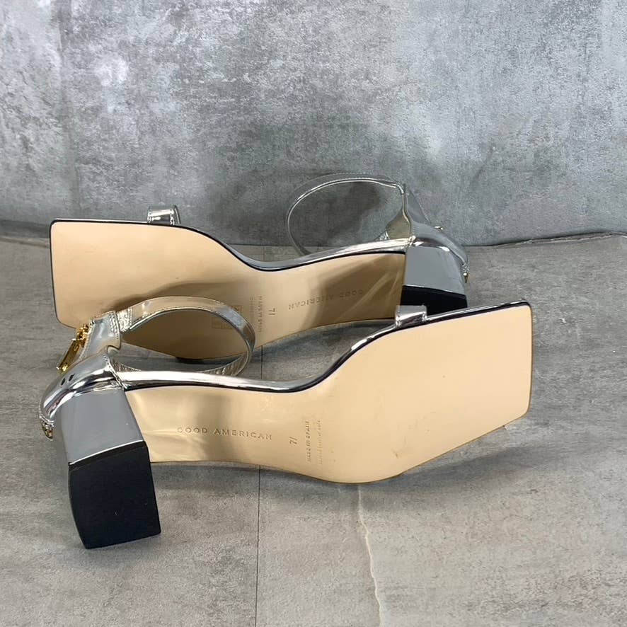 GOOD AMERICAN Women's Silver Metallic Square-Toe Block-Heel Sandals SZ 7