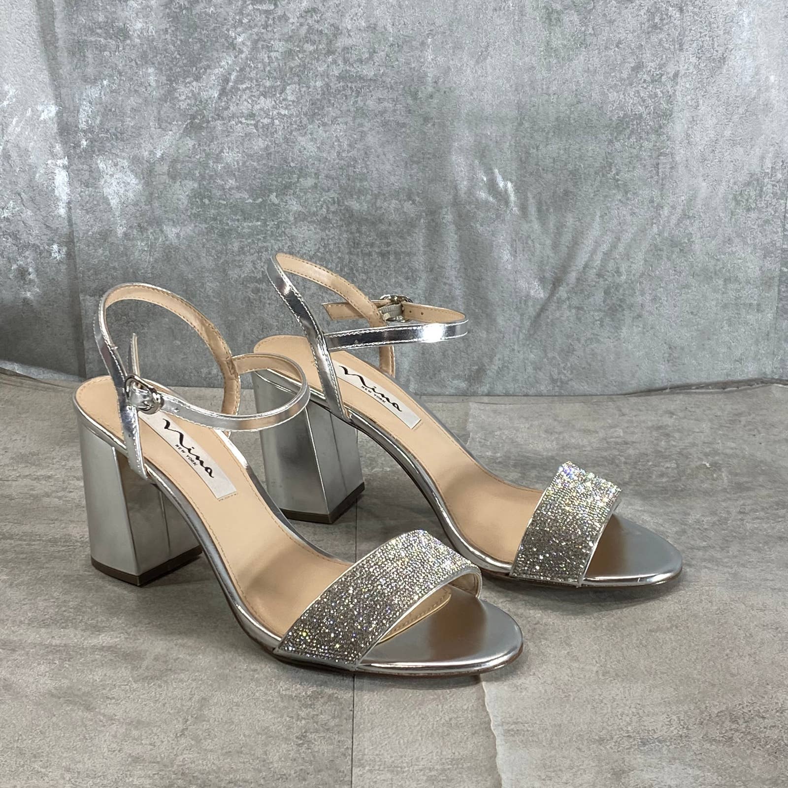 NINA Women's Silver Metallic Haven Block-Heel Ankle-Strap Evening Sandals SZ 7.5