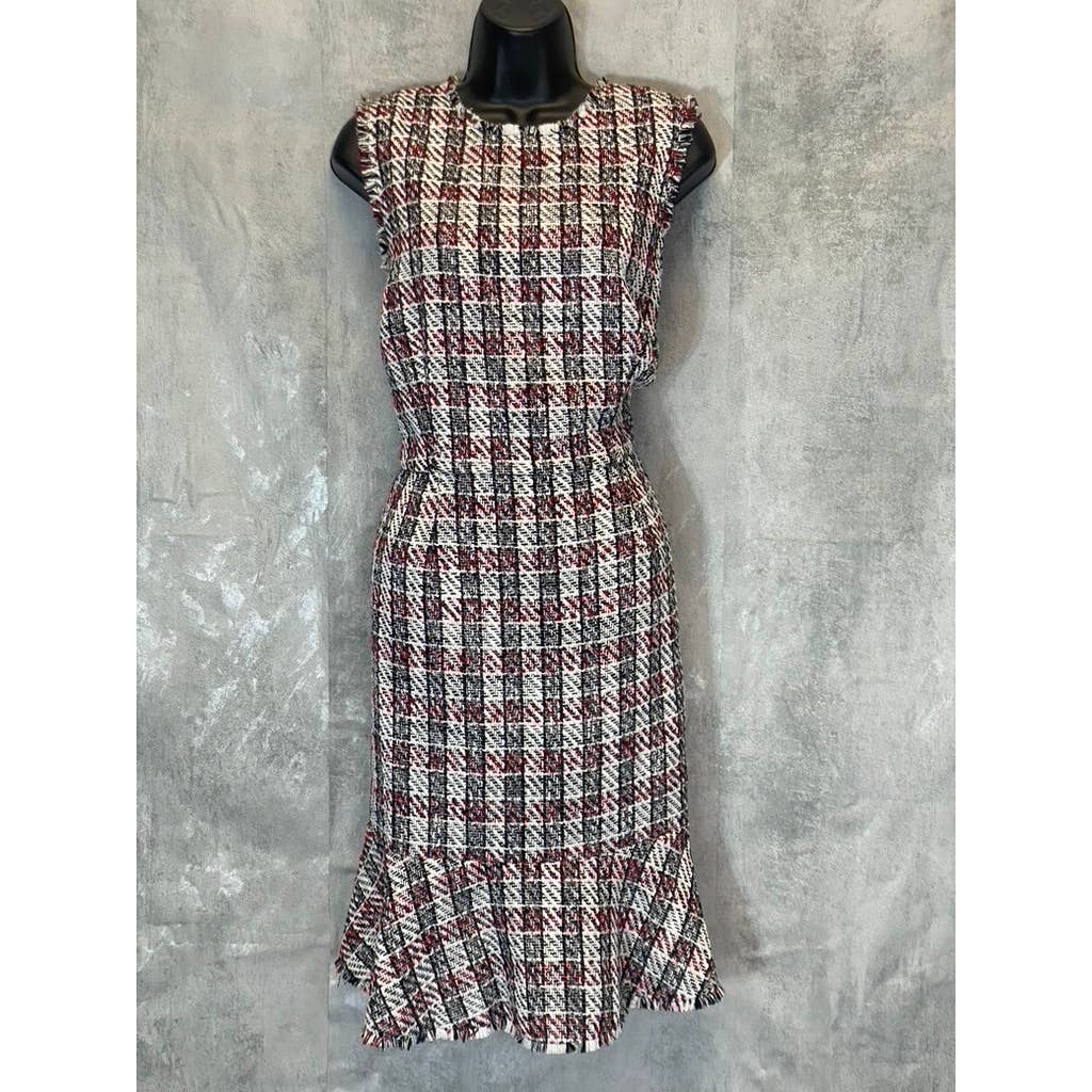 PLEIONE Women's Black/Red Tweed Printed Frayed Trim Sleeveless Mini Bodycon Dress SZ L