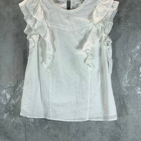 CHARTER CLUB Women's Bright White Crewneck Eyelet Flutter Short-Sleeve Top SZ L