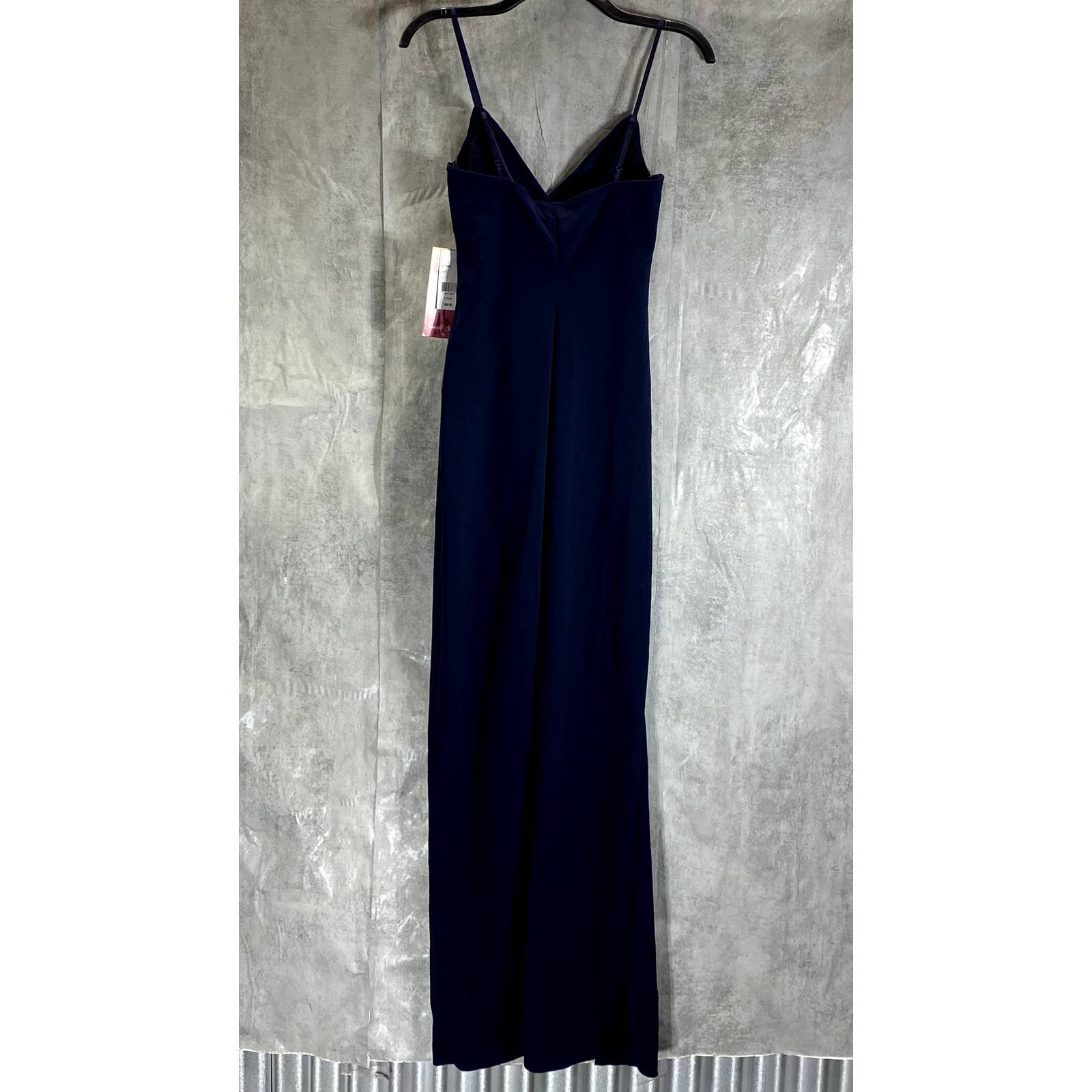 EMERALD SUNDAE Juniors' Navy Surplice V-Neck High-Slit Adjustable Straps Gown