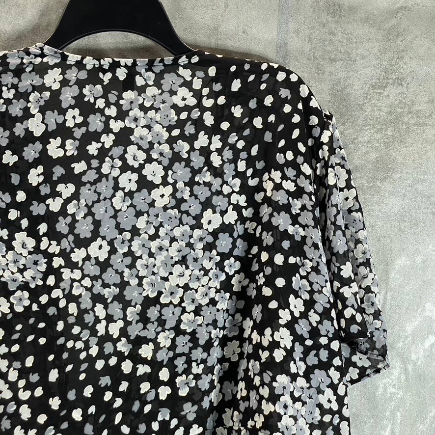 R&M RICHARDS Women's Plus Black-White Printed Tie-Front Flutter Sleeve Jacket