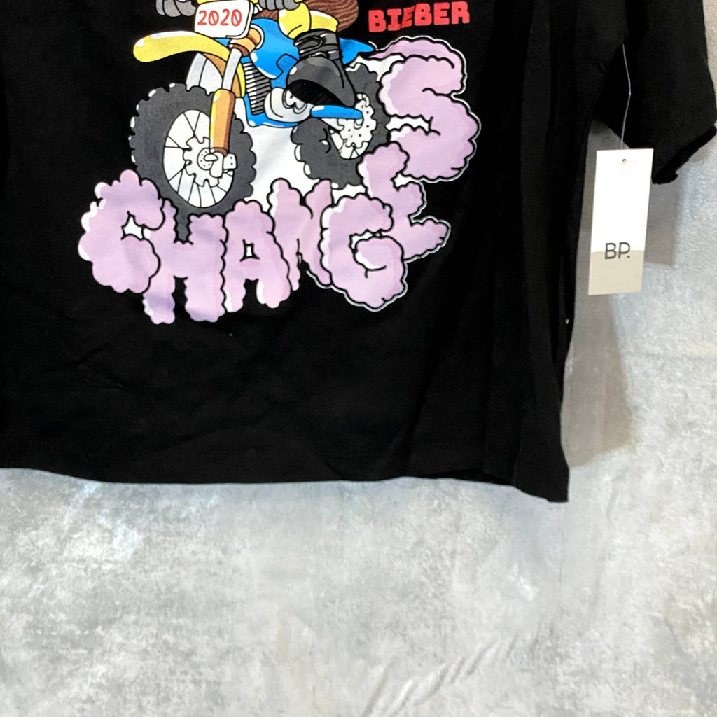 BP. Women's Black Justin Changes Bieber Graphic Crewneck Crop Short Sleeve Tee SZ M