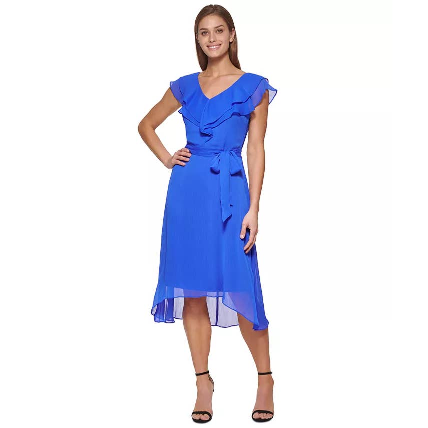DKNY Women's Blue Ruffle Belted V-Neck Mesh Short-Sleeve Midi Dress SZ 2