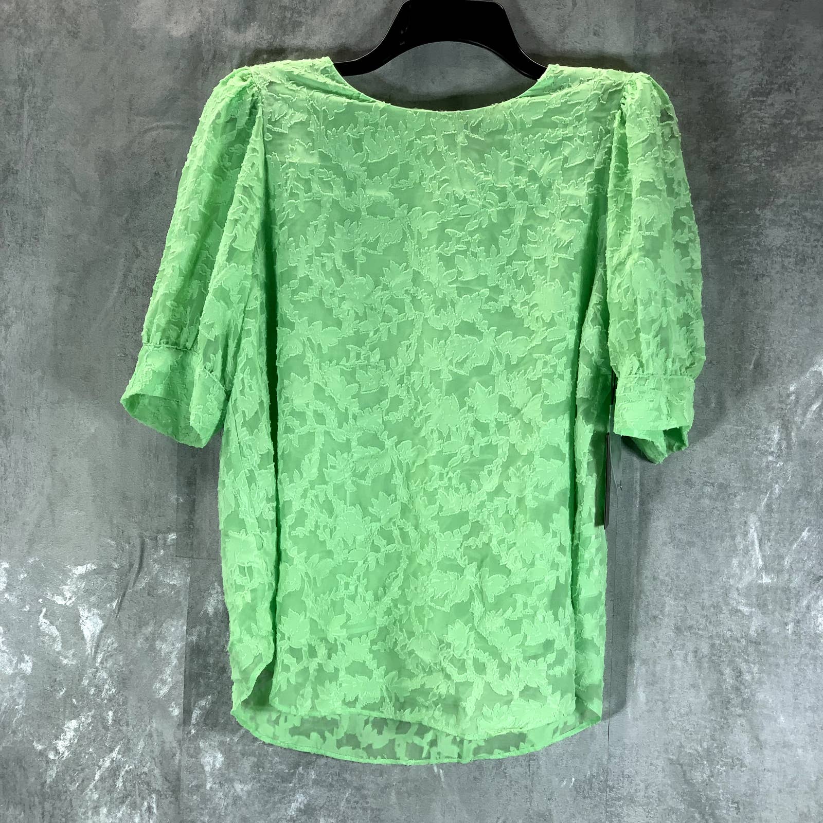 VINCE CAMUTO Women's Aloe Green Crewneck Textured Puff-Sleeve Jacquard Top SZ M
