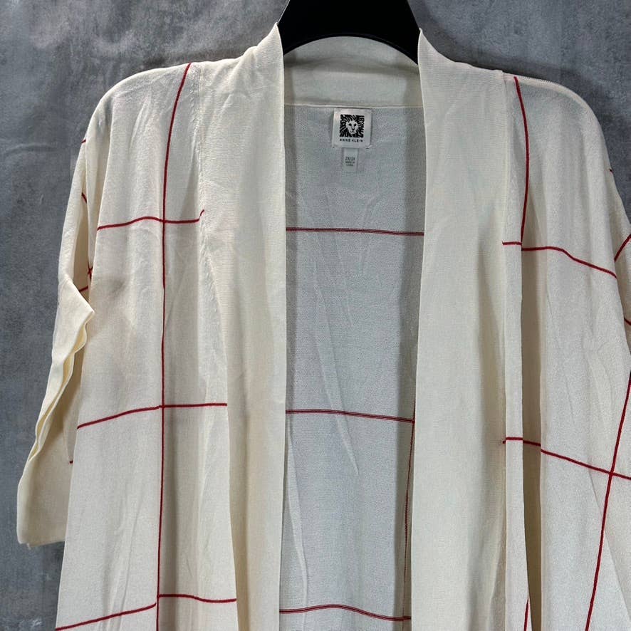 ANNE KLEIN Women's Plus Cream Windowpane Open-Front Long Short-Sleeve Cape SZ 2X