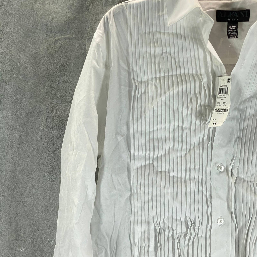 ALFANI Alfatech Men's Sierradale White Slim-Fit Pleated Panel Formal Shirt SZ L