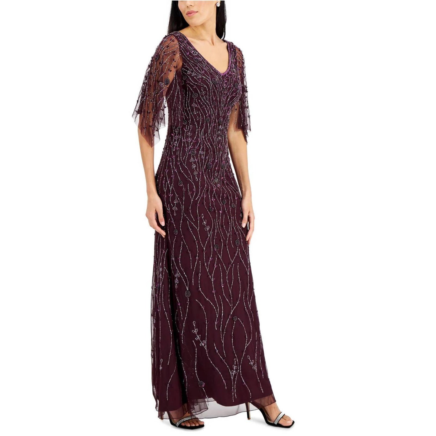 JKARA Women's Wine Beaded Embellished V-Neck Mesh Flutter-Sleeve Gown SZ 12