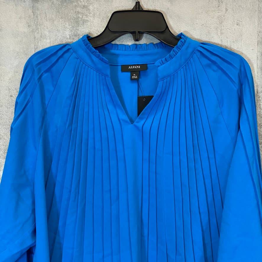 ALFANI Women's Vivid Sky Ruffled Mandarin Collar V-Neck Pleated Long Sleeve Top SZ XL