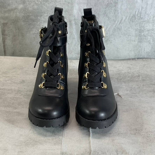 WILD PAIR Women's Black Smooth Hillari Lug-Sole Side-Zip Lace-Up Hiker Boots SZ8