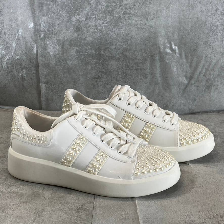 INC Women's White Imitation Pearl Embellished Alleni Lace-Up Sneakers SZ 5.5