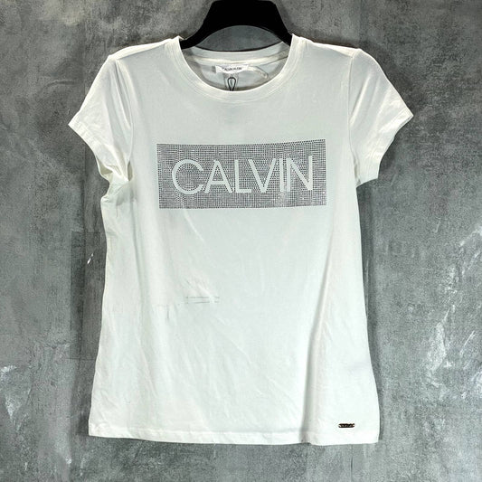 CALVIN KLEIN Women's White Logo Embellished Crewneck Short Sleeve T-Shirt SZ XS