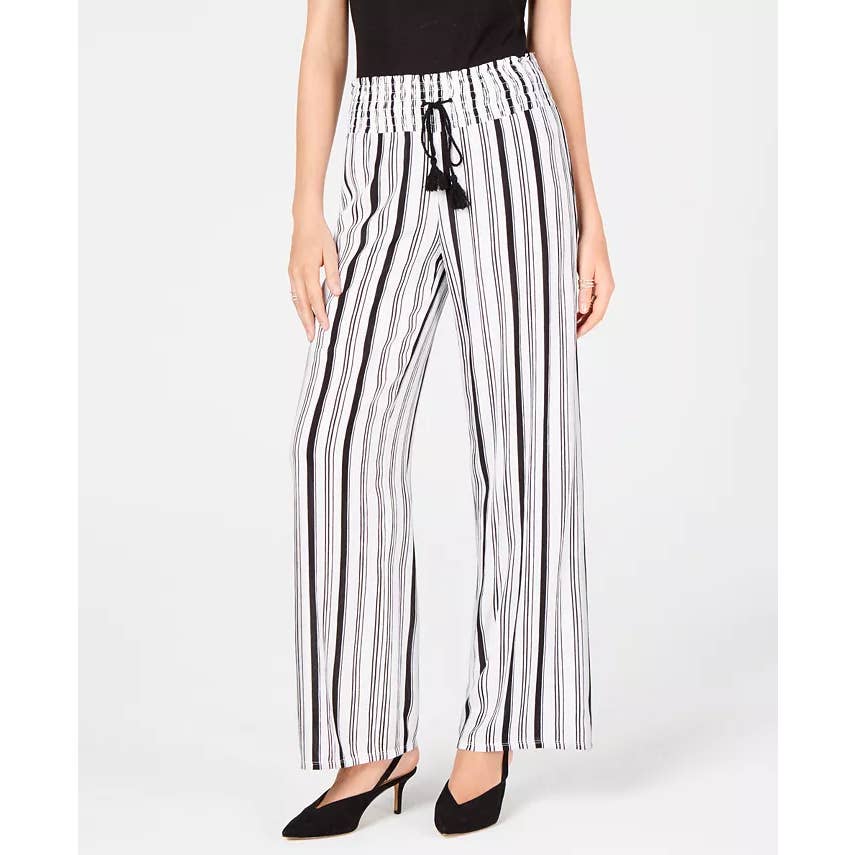 INC Women's Black/White Striped Crinkle Wide-Leg Drawstring Pants SZ M