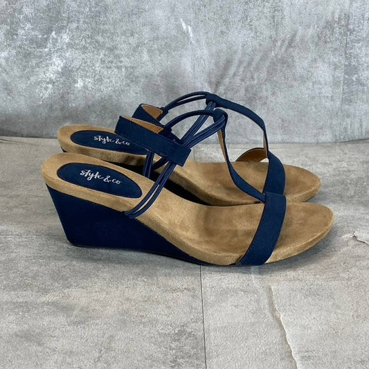 STYLE & Co Women’s Navy Mulan Round-Toe T-Strap Slingback Wedge Sandals SZ 6.5