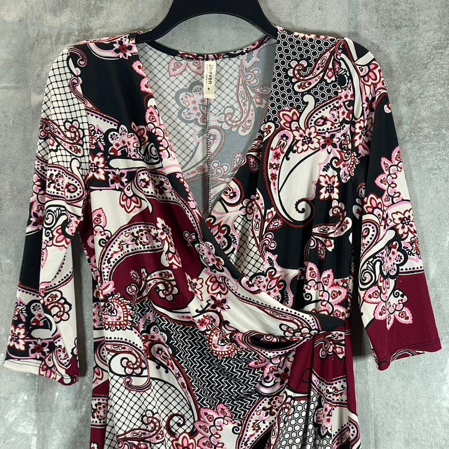 24SEVEN Comfort Apparel Women's Burgundy Printed Faux-Wrap 3/4 Sleeve Dress SZ M