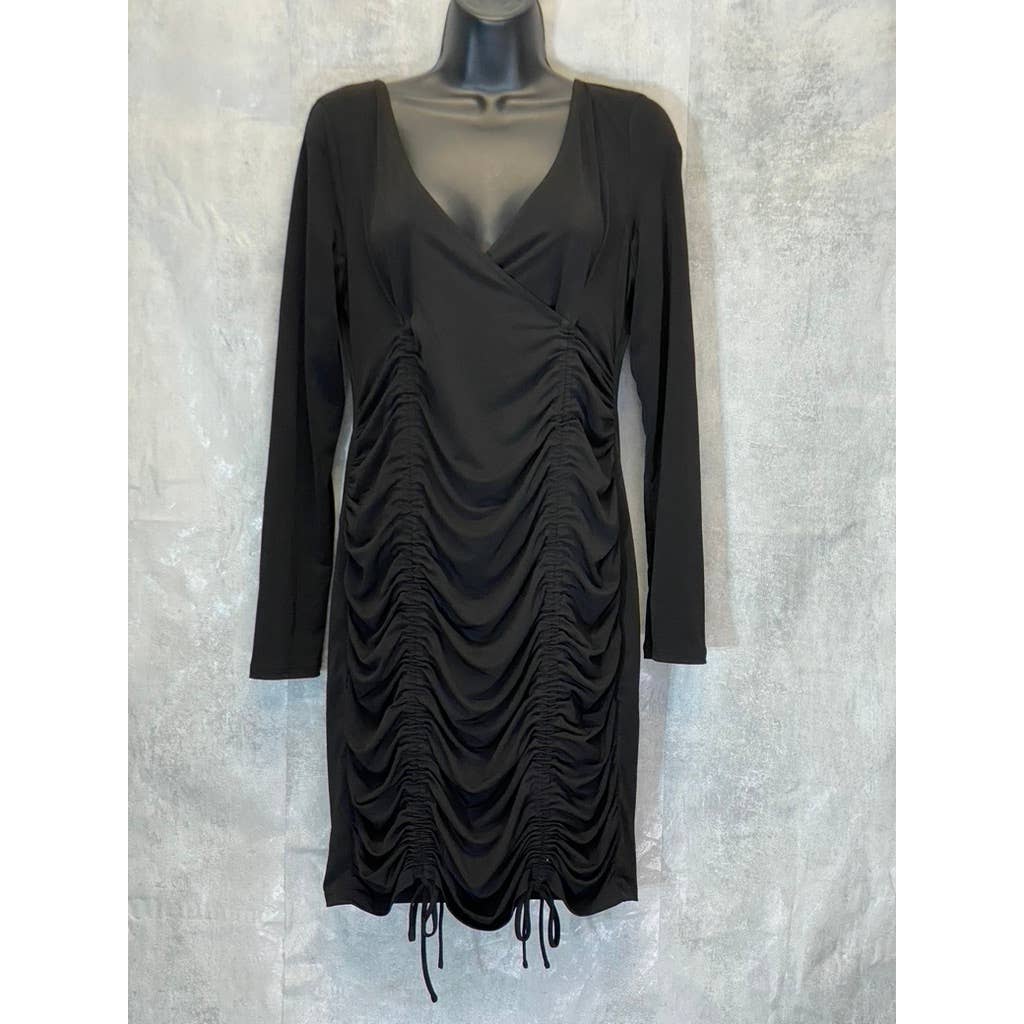 TOPSHOP Women's Solid Black V-Neck Ruched Side Slinky Long Sleeve Mini Dress SZ 10