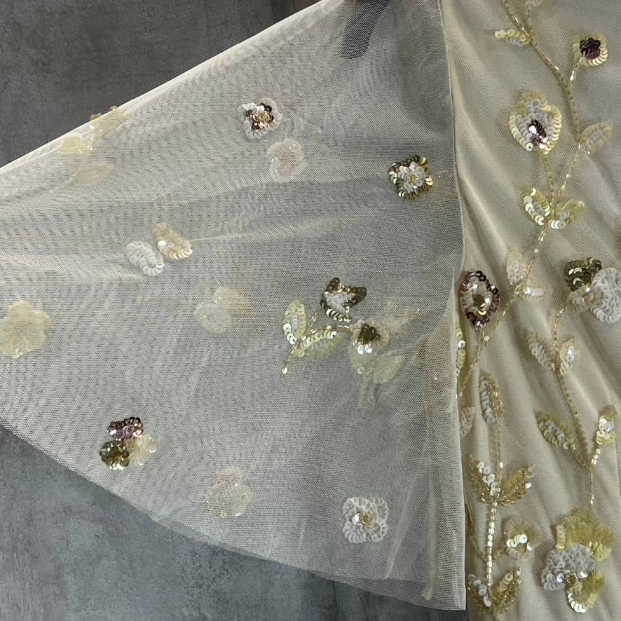 ADRIANNA PAPELL Women's Sandshell Beaded Mesh Short Elbow Sleeve Tulle Gown SZ6