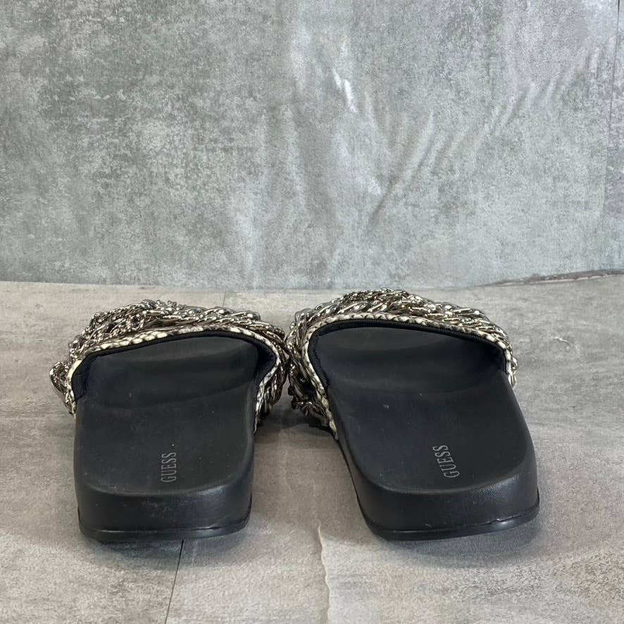 GUESS Women's Tan Animal Embossed Salema Chain Detail Slide Pool Sandals SZ 5