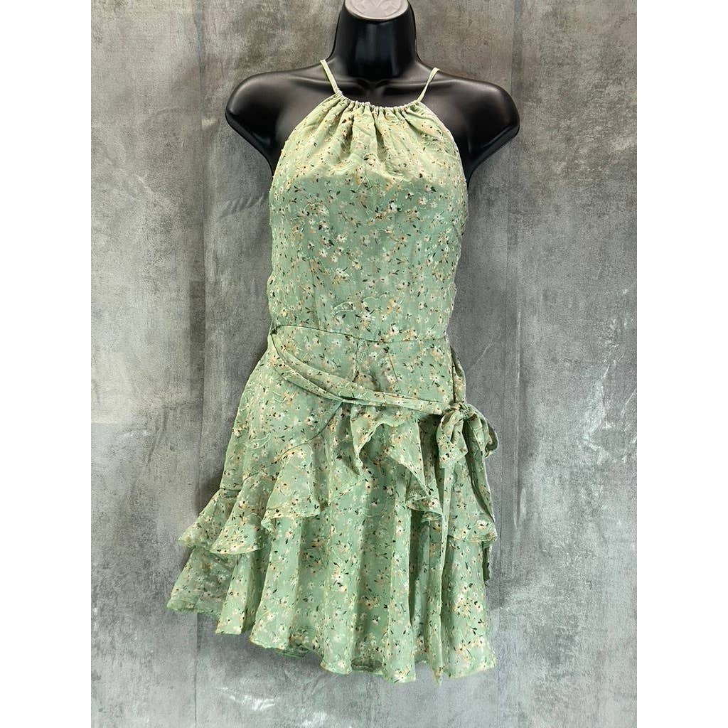 TRIXXI Juniors' Green Floral Halter Ruffle Tie-Waist Fit & Flare Mini Dress SZ L