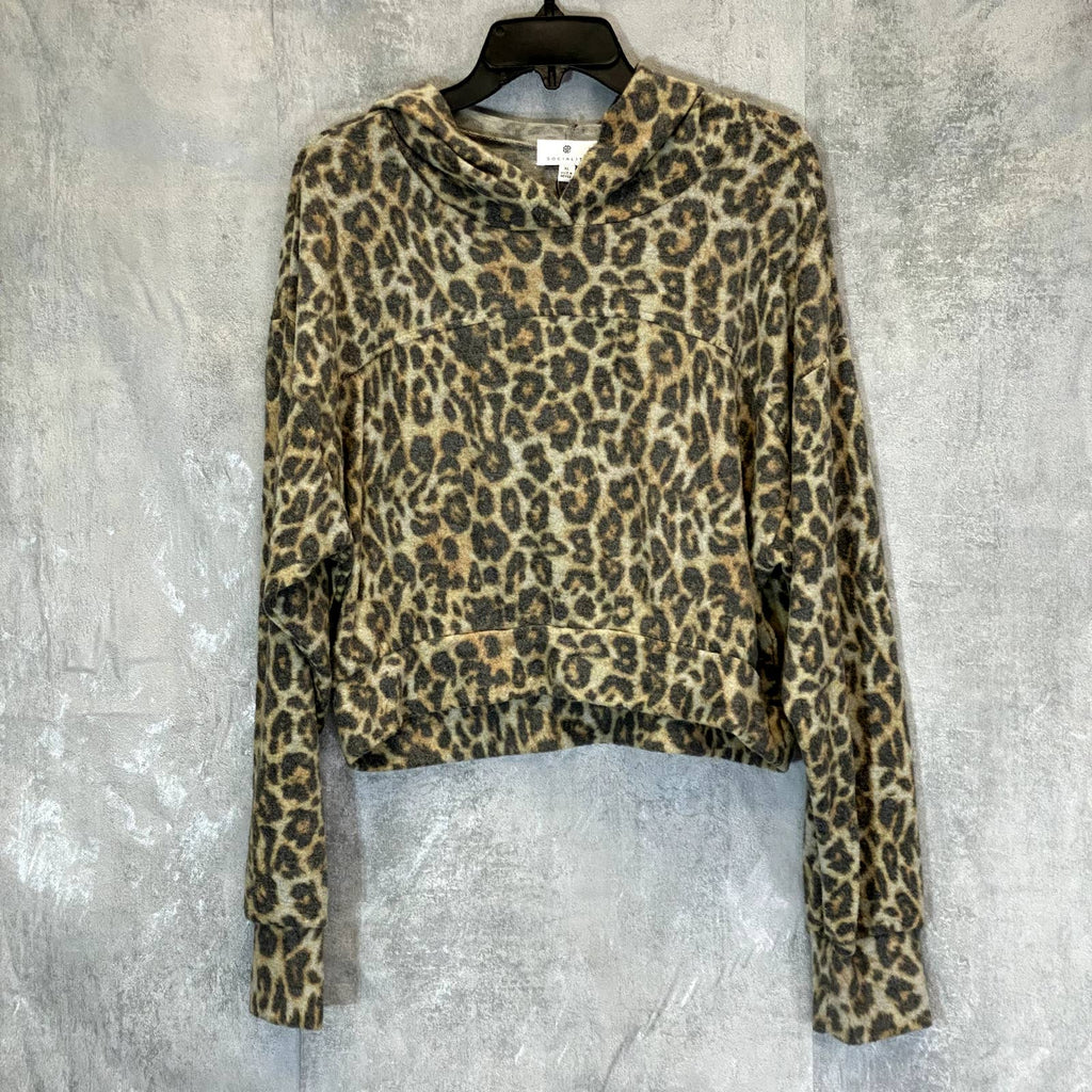 SOCIALITE Women's Brown Animal Print Long Sleeve Pullover Hooded Sweater SZ XL