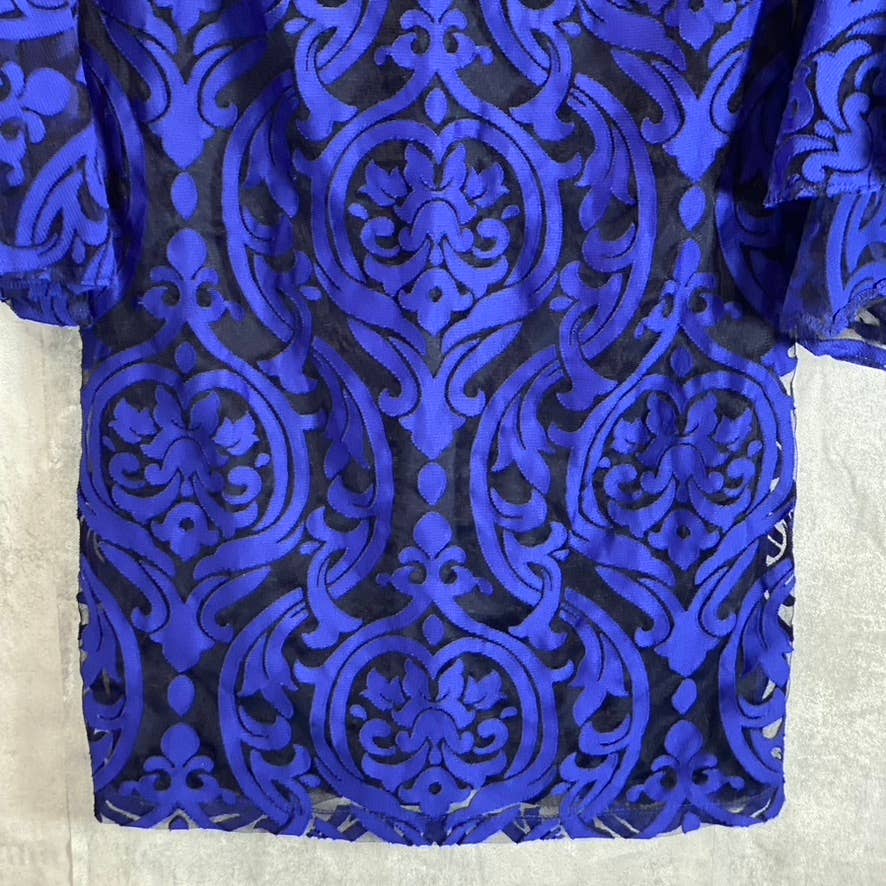 MSK Women's Petite Blue Embroidered Mesh Overlay 3/4 Bell Sleeve Sheath Dress