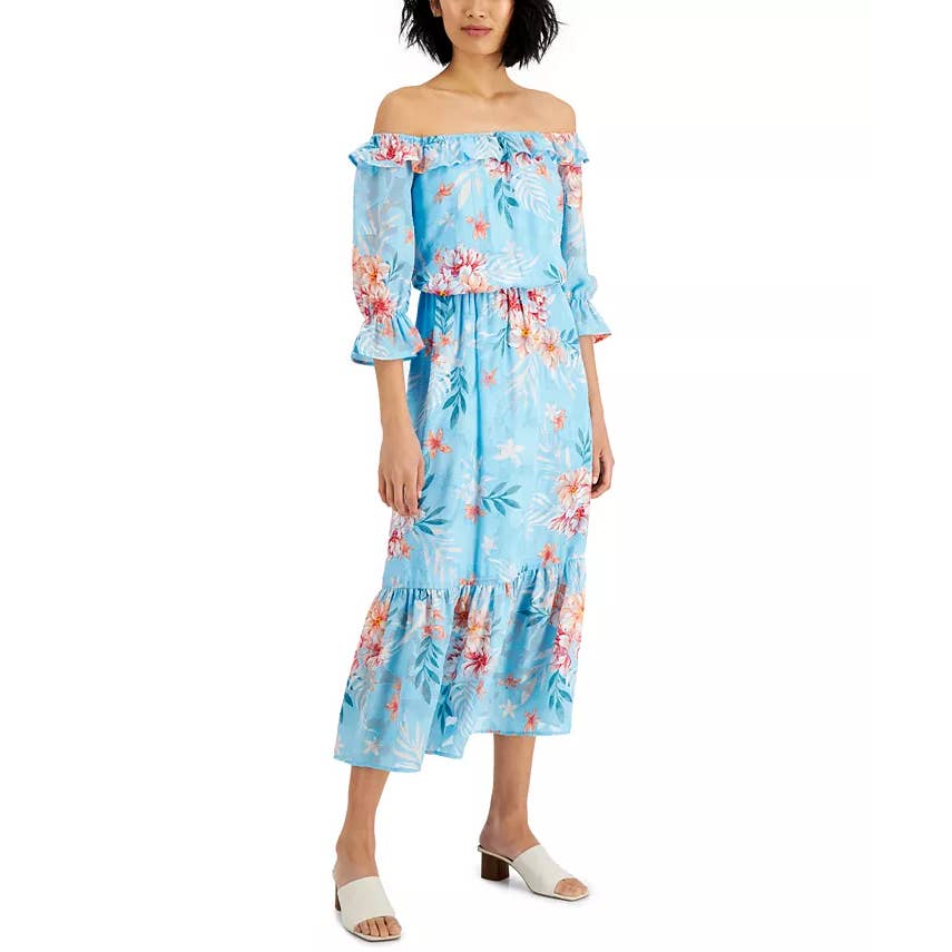 WILLOW DRIVE Women's Sky Blue Combo Off-The-Shoulder Floral-Print Maxi Dress