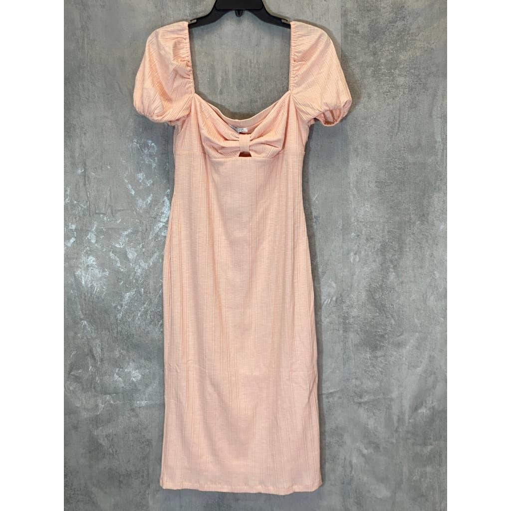 BELLEVUE THE LABEL Women's Nude Pink Rita Bow Short Sleeve Bodice Knit Midi Dress SZ L