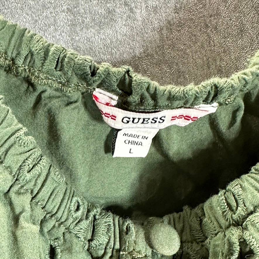 GUESS Women's Lichen Leaf Green Multi Larisen Cotton Eyelet Peplum Top SZ L