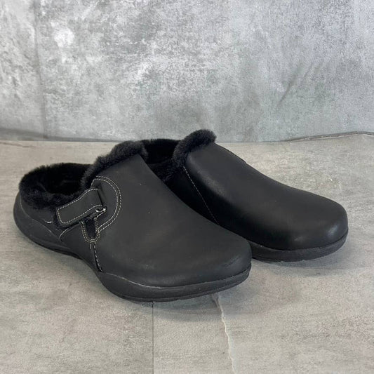 CLARKS COLLECTION Women's Black Leather Roseville Faux-Fur Slip-On Clogs SZ 6.5