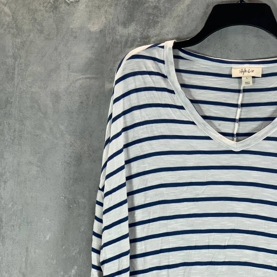 STYLE & CO Women's White-Blue Striped V-Neck Long Sleeve Top SZ L