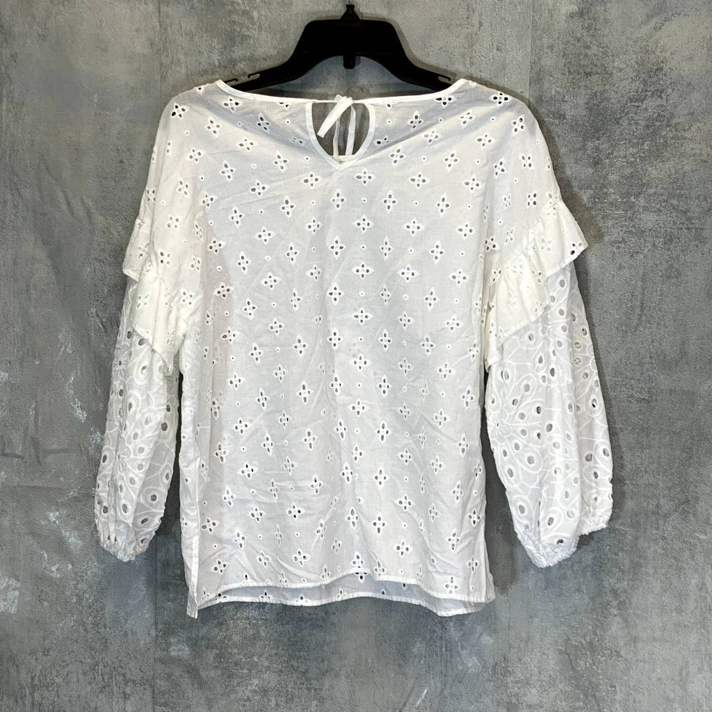 STATUS BY CHENAULT Women's White Eyelet Round Neck 3/4 Puff Sleeve Top SZ M