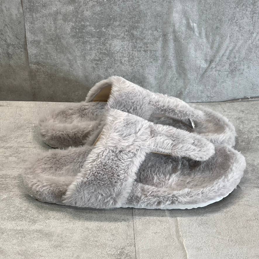 OLIVIA MILLER Women's Gray Faux-Fur Chloe T-Strap Thong Slip-On Slippers SZ 9