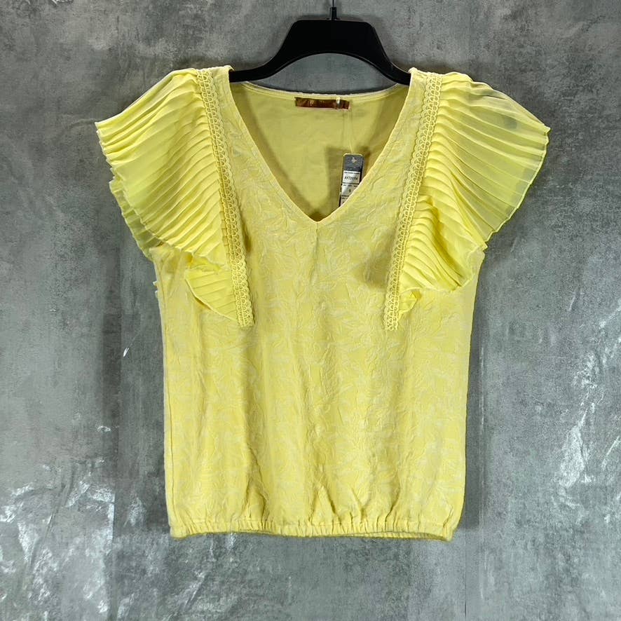 BELLDINI Women's Pineapple Textured Pleated Ruffle-Sleeve V-Neck Top SZ S