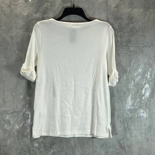 KAREN SCOTT Women's Bright White Cotton Boatneck Elbow Sleeve Top SZ S