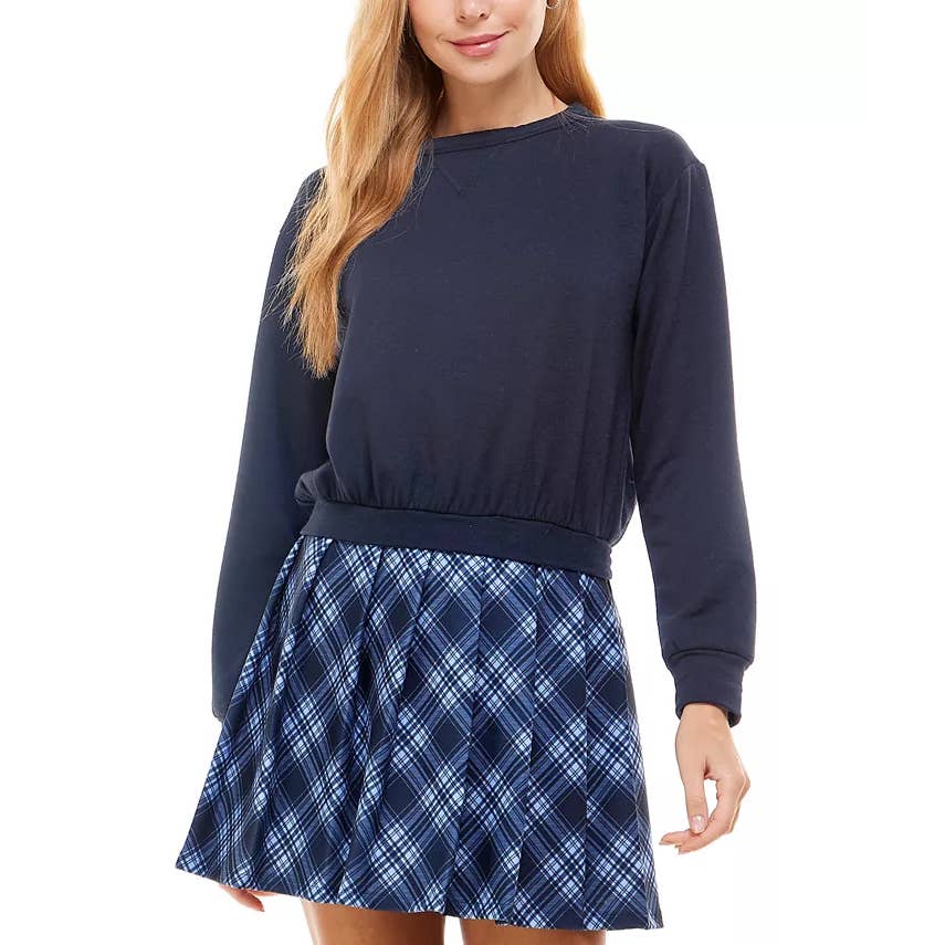 KINGSTON GREY Juniors' Navy Check Pleated Skirt Crewneck Mini Sweater Dress SZXL