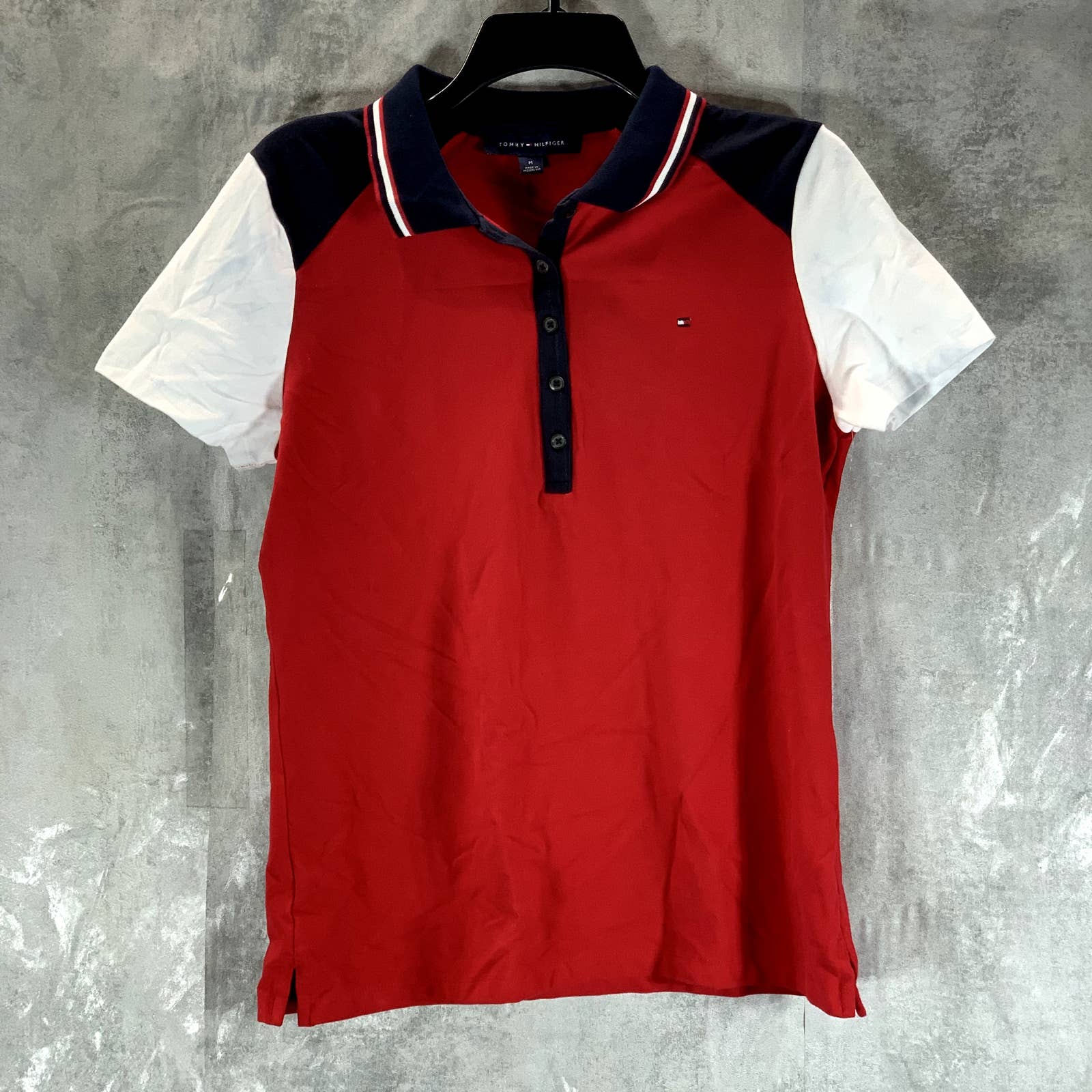 TOMMY HILFIGER Women's Colorblock Flag Logo Short Sleeve Polo Top SZ M